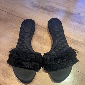 Birdies Black Fringe Slide Sandals